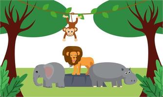 animaux de la jungle mignons en style dessin animé, animaux sauvages, dessins de zoo pour l'illustration d'arrière-plan vecteur