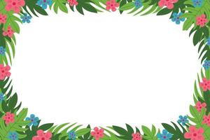 feuilles et fleurs tropicales dans un style plat. bannière de cadre de bordure de modèle, carte, affiche, été, vacances, espace de copie, place pour le texte vecteur