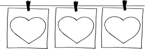 le coeur et le cadre sont suspendus à des pinces à linge sur un croquis de fil doodle dessiné à la main. modèle d'affiche, carte, décor, monochrome, minimalisme, amour, saint valentin vecteur