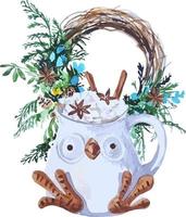 illustration de noël jolie tasse en forme de hibou avec guimauve et guirlande de vacances de noël aquarelle composition dessinée à la main vecteur