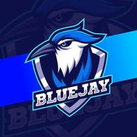 conceptions de logo esport de mascotte de tête d'oiseau de geai bleu pour le logo de jeu et de sport avec le bouclier vecteur