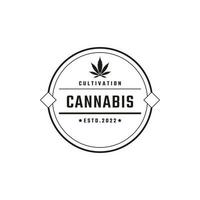 emblème de badge rétro vintage cannabis marijuana chanvre rectangle logo design style linéaire vecteur