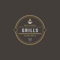 insigne rétro vintage emblème grill barbecue barbecue feu flamme logo design style linéaire vecteur