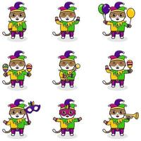 chat d'illustration vectorielle portant des vêtements de mardi gras dans différentes poses isolés sur fond blanc. une illustration de dessin animé d'un chat du mardi gras. bouffon du mardi gras, ensemble. vecteur