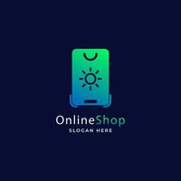 logo de boutique en ligne de commerce électronique dégradé avec illustration vectorielle de modèle de téléphone intelligent vecteur