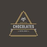 emblème de badge rétro vintage chocolat avec logo de fèves de cacao style linéaire vecteur