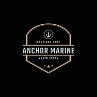 emblème de badge rétro vintage ancre navire bateau logo design style linéaire sur fond noir vecteur