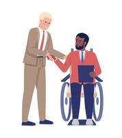 patron serrant la main avec des personnages vectoriels de couleur semi-plats d'employés handicapés. chiffres modifiables. personnes de tout le corps sur blanc. illustrations simples de style dessin animé pour la conception graphique et l'animation web vecteur