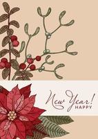 joyeux noël et bonne année carte de voeux verticale avec fleur de poinsettia dessinée à la main et brunchs de gui. fond coloré festif. illustration vectorielle dans le style de croquis vecteur