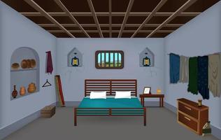 salle de village à l'intérieur du vecteur de fond de dessin animé, illustrations vectorielles de l'intérieur de la chambre de la maison pauvre.