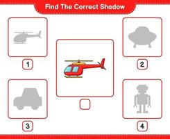 trouver la bonne ombre. trouver et faire correspondre l'ombre correcte de l'hélicoptère. jeu éducatif pour enfants, feuille de calcul imprimable, illustration vectorielle vecteur