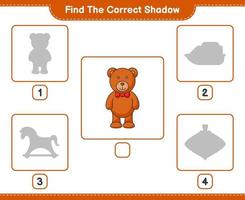 trouver la bonne ombre. trouver et faire correspondre l'ombre correcte de l'ours en peluche. jeu éducatif pour enfants, feuille de calcul imprimable, illustration vectorielle vecteur