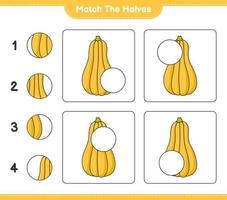 faire correspondre les moitiés. assortir les moitiés de courge musquée. jeu éducatif pour enfants, feuille de calcul imprimable, illustration vectorielle vecteur