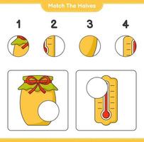 faire correspondre les moitiés. assortir les moitiés du thermomètre et de la confiture. jeu éducatif pour enfants, feuille de calcul imprimable, illustration vectorielle vecteur