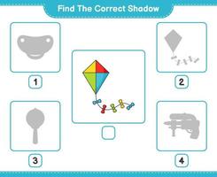 trouver la bonne ombre. trouver et faire correspondre l'ombre correcte du cerf-volant. jeu éducatif pour enfants, feuille de calcul imprimable, illustration vectorielle vecteur
