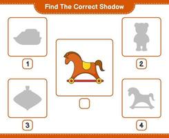 trouver la bonne ombre. trouver et faire correspondre l'ombre correcte du cheval à bascule. jeu éducatif pour enfants, feuille de calcul imprimable, illustration vectorielle vecteur