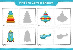 trouver la bonne ombre. trouvez et associez l'ombre correcte du jouet pyramide, du jouet tourbillon, de la fusée et de l'hélicoptère. jeu éducatif pour enfants, feuille de calcul imprimable, illustration vectorielle vecteur