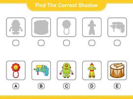 trouver la bonne ombre. trouvez et associez l'ombre correcte du hochet pour bébé, du personnage du robot, du pistolet à eau, de la fusée et du tambour. jeu éducatif pour enfants, feuille de calcul imprimable, illustration vectorielle vecteur