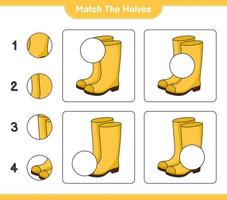 faire correspondre les moitiés. assortir les moitiés de bottes en caoutchouc. jeu éducatif pour enfants, feuille de calcul imprimable, illustration vectorielle vecteur