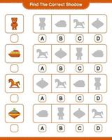 trouver la bonne ombre. trouvez et associez l'ombre correcte de l'ours en peluche, du cheval à bascule, du bateau et du toupie. jeu éducatif pour enfants, feuille de calcul imprimable, illustration vectorielle vecteur