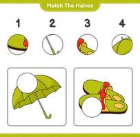faire correspondre les moitiés. associez les moitiés des pantoufles et du parapluie. jeu éducatif pour enfants, feuille de calcul imprimable, illustration vectorielle vecteur