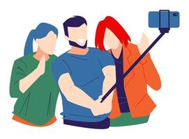 homme et deux femmes selfie, utilisant l'appareil photo du téléphone et le bâton de selfie. isolé sur fond blanc. adapté au thème de la photographie, du mode de vie, de la technologie, des amis, etc. illustration vectorielle plane vecteur