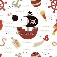 modèle sans couture mobile avec des éléments pirates. illustration vectorielle pour enfants. crâne, navire, mer, os croisés, tonneau, coffre, ancre, rhum. vecteur