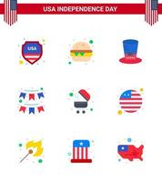 joyeux jour de l'indépendance usa pack de 9 appartements créatifs de guirlande de barbecue chapeaux de fête bruants modifiables usa day vector design elements