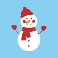 joyeux bonhomme de neige dans un chapeau rouge, une écharpe et des mitaines isolés sur fond bleu. illustration vectorielle plate pour l'hiver, noël, nouvel an vecteur