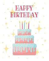 doodle clipart plat. carte d'anniversaire avec gâteau. tous les objets sont repeints. vecteur