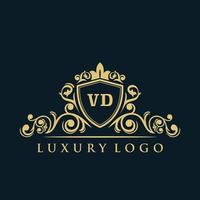 logo lettre vd avec bouclier d'or de luxe. modèle vectoriel de logo d'élégance.