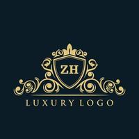 logo lettre zh avec bouclier d'or de luxe. modèle vectoriel de logo d'élégance.