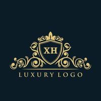 logo lettre xh avec bouclier d'or de luxe. modèle vectoriel de logo d'élégance.