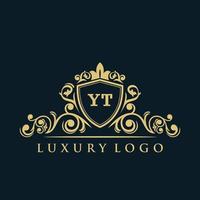 logo lettre yt avec bouclier d'or de luxe. modèle vectoriel de logo d'élégance.