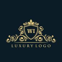 logo lettre wi avec bouclier d'or de luxe. modèle vectoriel de logo d'élégance.