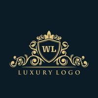 logo lettre wl avec bouclier d'or de luxe. modèle vectoriel de logo d'élégance.