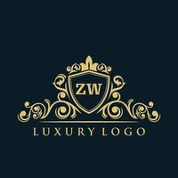 logo lettre zw avec bouclier d'or de luxe. modèle vectoriel de logo d'élégance.
