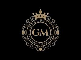 lettre gm logo victorien de luxe royal antique avec cadre ornemental. vecteur