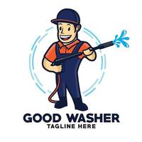 personnage de mascotte homme souriant avec pistolet à laver dans un style rétro, bon pour le logo d'entreprise de service de nettoyage vecteur