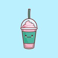 kawaii mignon smoothies aux fraises jus de milkshake avec crème glacée garniture illustration vecteur personnage de dessin animé