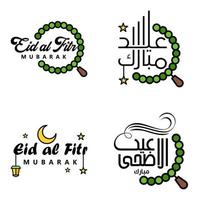 pack de calligraphie eid mubarak de 4 messages de voeux suspendus étoiles et lune sur fond blanc isolé fête musulmane religieuse vecteur