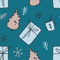 modèle d'hiver de vacances sans couture avec mignon élément de décoration dessiné à la main doodle de noël nordique confortable en couleur chaude gris bleu vecteur