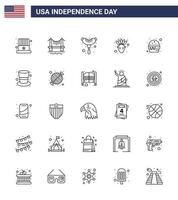 usa joyeux jour de l'indépendance ensemble de pictogrammes de 25 lignes simples de repas fast food burger amérindien modifiable usa day vector design elements