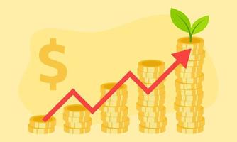 illustration de la croissance des bénéfices avec des étapes de croissance des pièces de monnaie et une flèche graphique montante. concept de réussite commerciale, de croissance économique ou de marché, de revenus d'investissement, de revenus en capital, d'avantages. vecteur