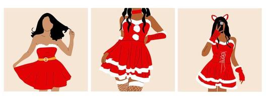 ensemble de trois fille est vêtue d'une robe de noël sexy. prend un selfie illustrations vectorielles dessinées à la main vecteur