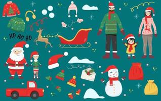 nouvel an avec le père noël, bonhomme de neige, elfe, famille, voiture, chandail, chapeau, cerf vecteur