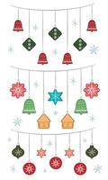 guirlande avec des jouets de sapin de noël. ornement pour la conception de cartes, flyers, invitations. décorations de vacances d'hiver. jouets en verre de Noël isolés sur fond blanc. vecteur