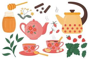 collection d'éléments de l'heure du thé. illustrations vectorielles d'un service à thé avec divers éléments - menthe, framboise, fruit d'aubépine, miel, cannelle, citron, sucre sur fond blanc. vecteur