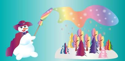 bonhomme de neige magique peint une forêt de couleurs vives vecteur