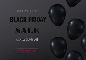 modèle de maquette de vente du vendredi noir. sur fond sombre, boules volantes noires. vente saisonnière. illustration vectorielle vecteur